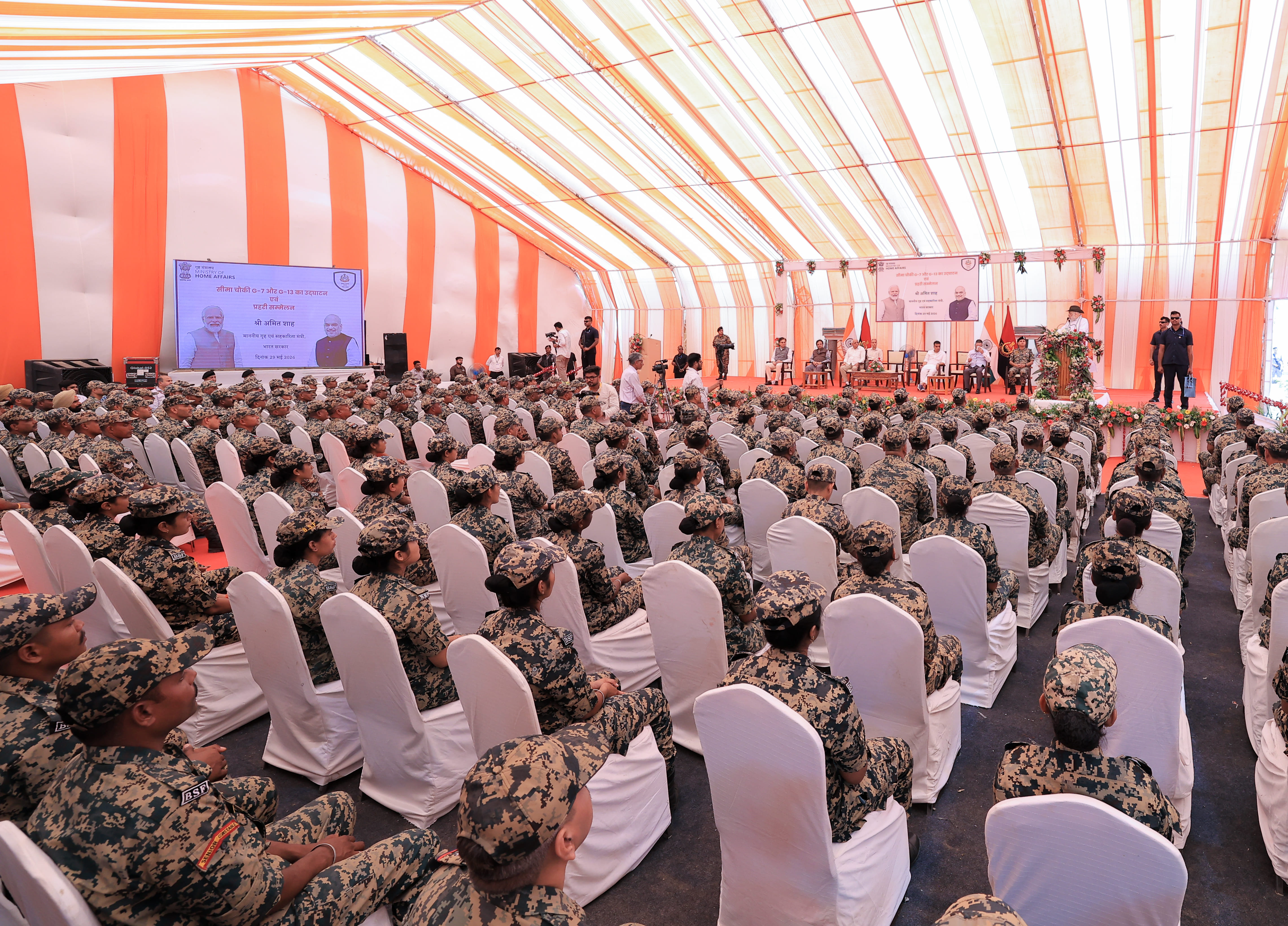 Union Home Minister and Minister of Cooperation Shri Amit Shah interacts with personnel at G-7 Border Out Post, situated along India-Pakistan border in Bhuj, Gujarat, and inaugurates the G-7 and G-13 Border Out Posts