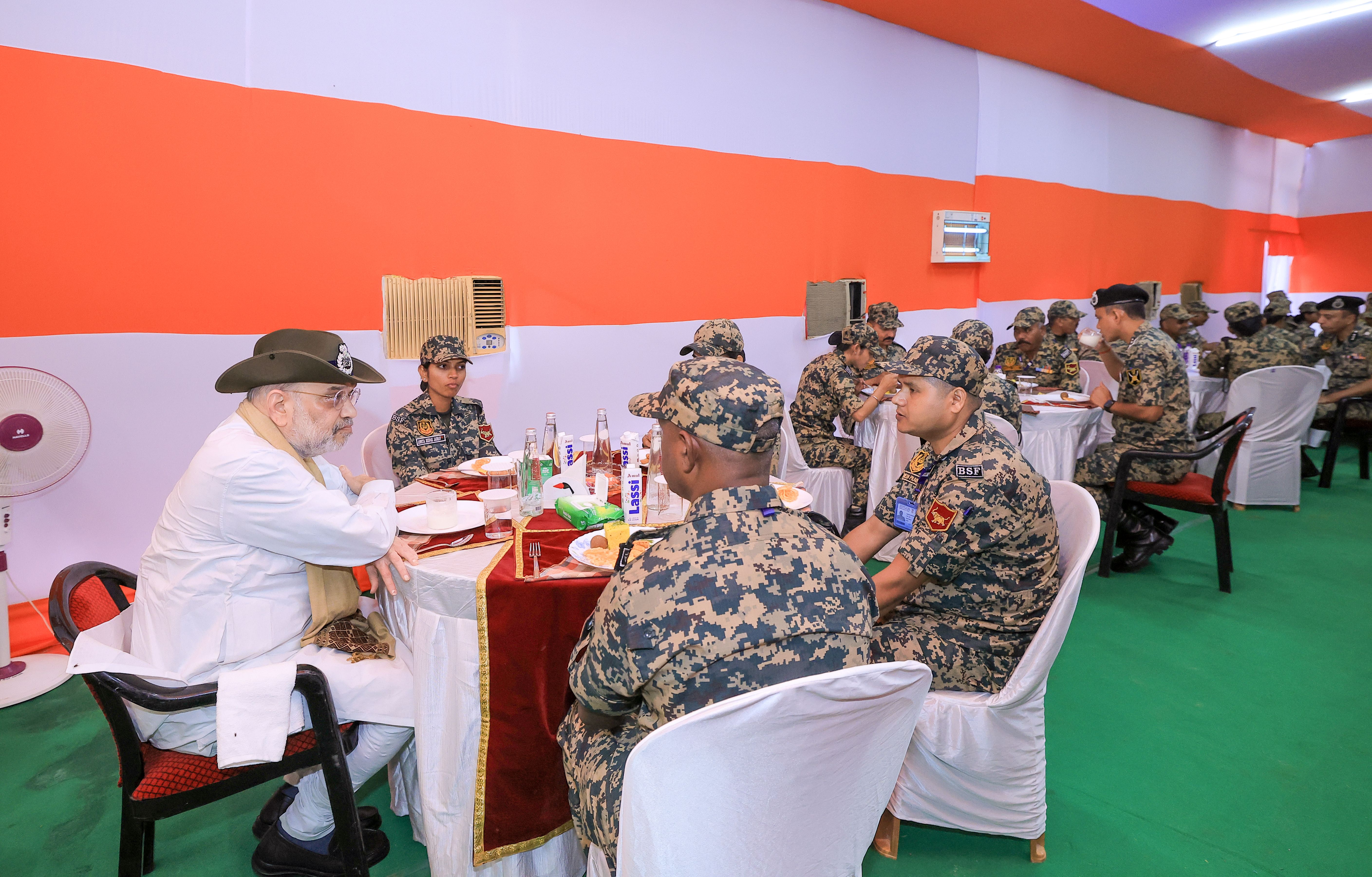 Union Home Minister And Minister Of Cooperation Shri Amit Shah interacted with the valiant BSF jawans during High Tea at Lankamura Border Outpost in Tripura