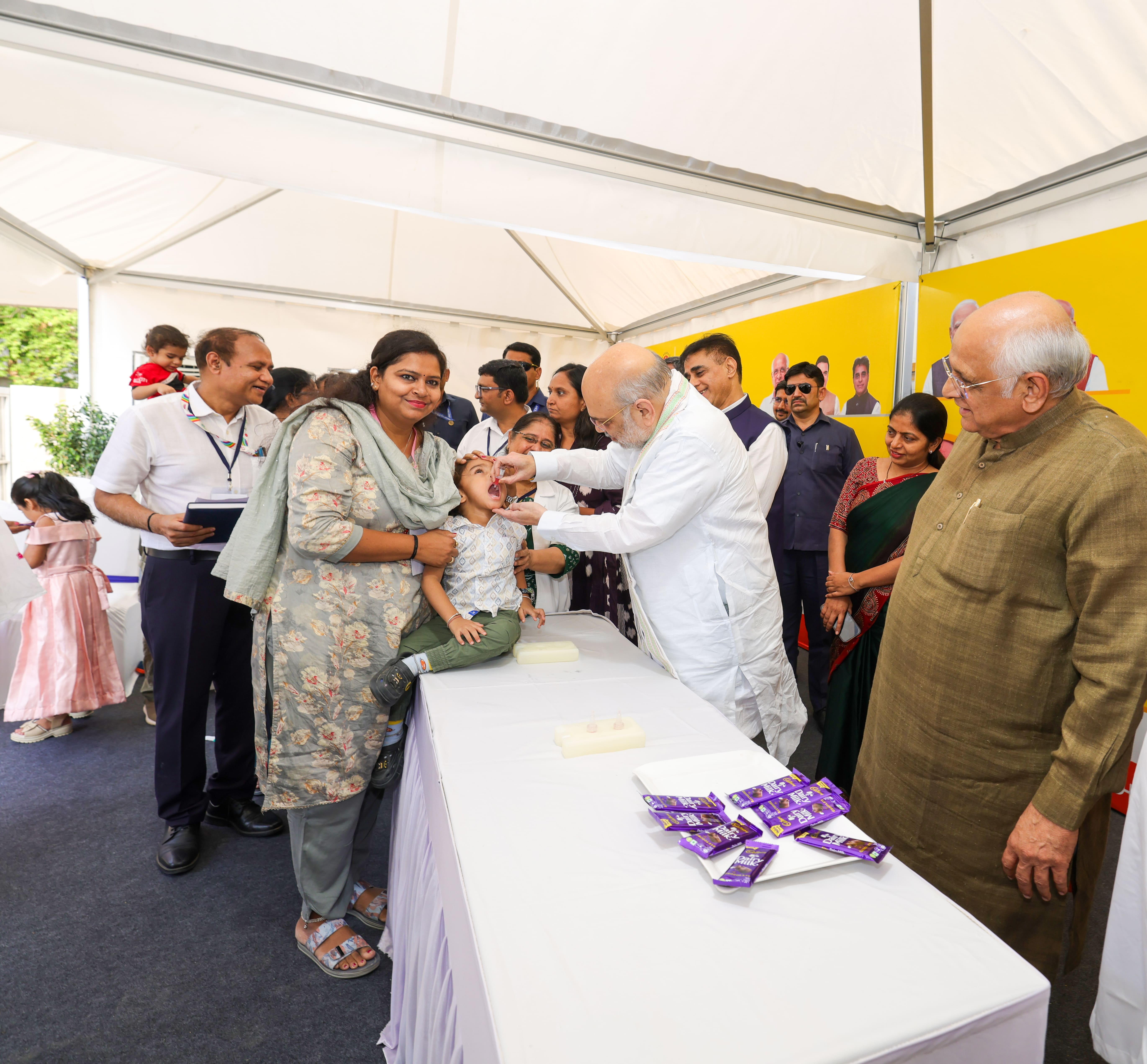 Union Home Minister and Minister of Cooperation Shri Amit Shah administered polio drops to children today  on the occasion of the launch of the PM Family Care Tracker in Gandhinagar